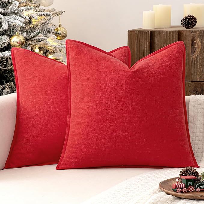 MIULEE Decorative Linen Euro Sham Pillow Covers 24x24 Red Boho Farmhouse Neutral Couch Throw Pillows for Bed Pack of 2 Accent Modern Pillowcase Sofa Livingroom Home Decor