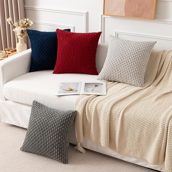 Kevin Textile Corduroy Striped Soft Soild Decorative Square Throw Pillow Covers Set Cushion Cases Pillowcases for Sofa Bedroom 2 Pcs 24x24 Inch Dark Grey