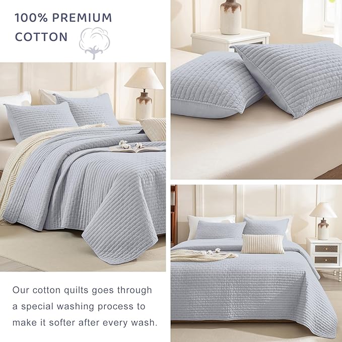 Sanracie Cotton Oversized King Bedspread(128"x120"), Cornflower Blue Soft Stonewashed Extra Large Wide Oversized Quilt Set Cross Stitch Lightweight Crinkle Coverlet Set 3Pcs for All Season