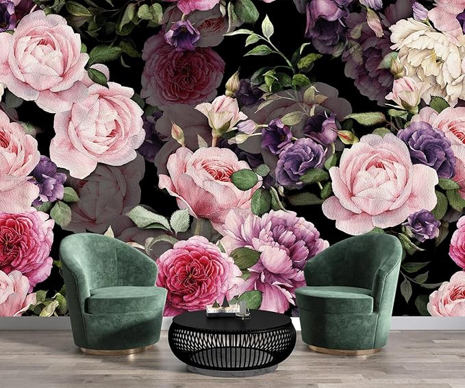 AFZEVEB-Black Watercolor Purple Peony Flower Wallpaper Wall murals for Bedroom 114"x74"(Not Peel and Stick)