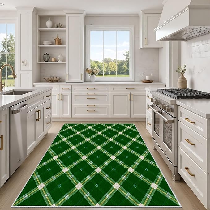 Plaid Rug - 7x10 Rug for Living Room, Geometric Stripes Soft Neutral Indoor Floor Carpet, Non-Slip Stain Resistant Modern Washable Rugs for Bedroom, Green Area Rugs