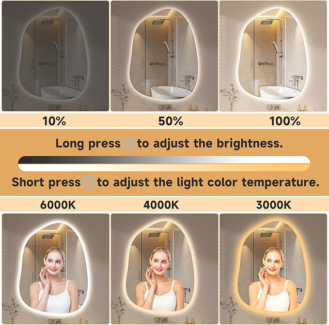 Hasipu Irregular Wall Mirror with Lights- 27"x20"Smart Vanity Mirror with Anti-Fog, 3 Color Modes,Dimmable Light, Memory Function, Backlit Wall Mount, Horizontal/Vertical