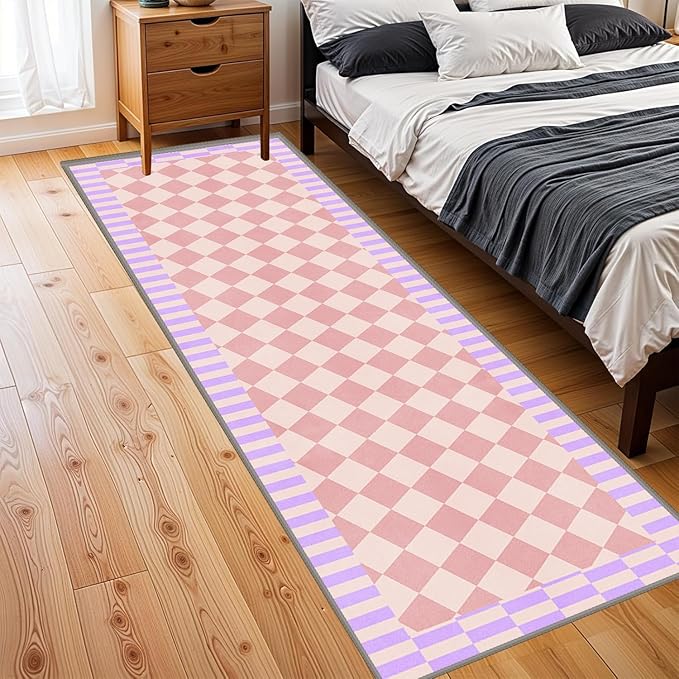 Pink Checkered Long Hallway Rug Runners, 2.6x7ft, Cute Girly Purple Geometric Design Bedroom Carpets for Girls, Fade Resistant Durable Pet Friendly Easy Clean Carpet for Indoor Porch