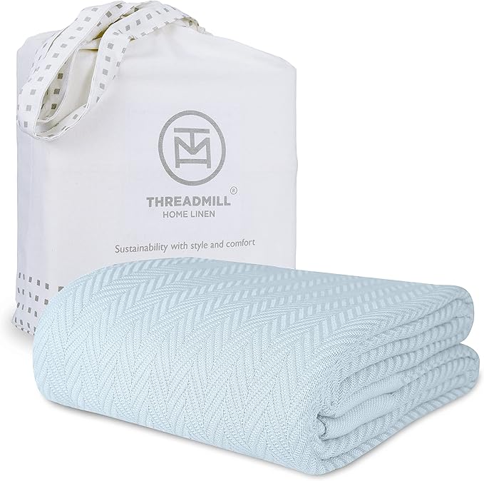 Threadmill Luxury Cotton Blankets for King Size Bed | All-Season Cozy 100% Cotton King Size Blanket | Herringbone Soft Fall Thermal Blanket fits Cal King Size Bed | Light Blue