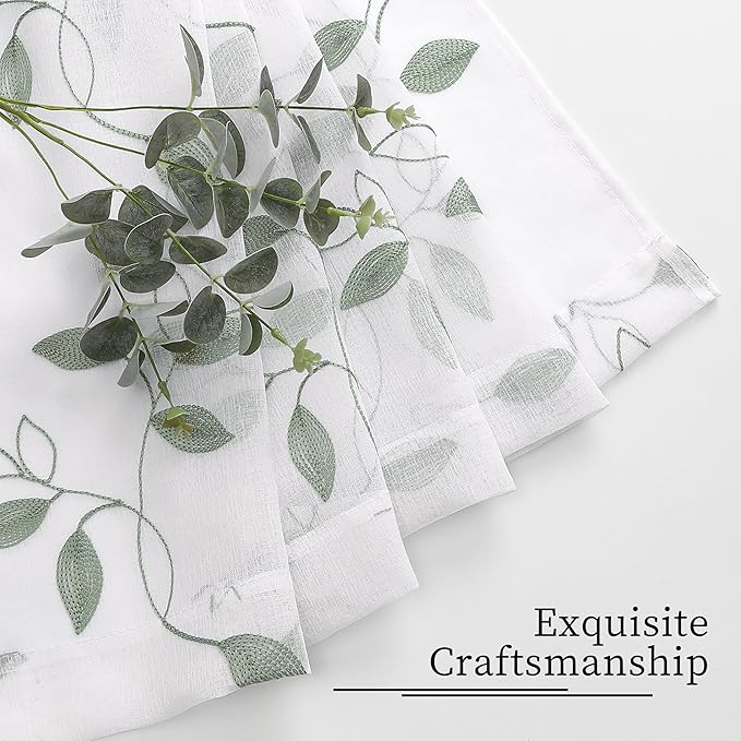 Tollpiz Sage Green Leaf Sheer Curtains Leaves Embroidered Living Room Curtain Rod Pocket Voile Window Treatments for Bedroom, 54 x 63 inches Long, Set of 2 Panels
