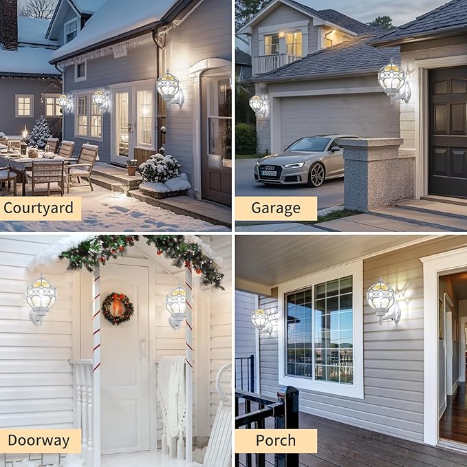 Dusk to Dawn Globe Outdoor Wall Lights, White Porch Light, Aluminum Waterproof Exterior Lighting Fixtures Wall Mount, Sphere Outside House Sconces Lantern with Amber Glass for Patio Garage Doorway