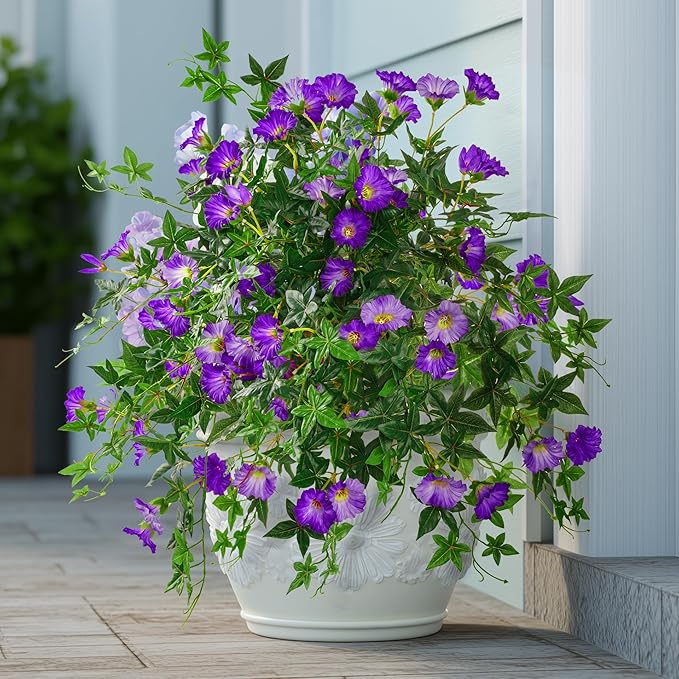 Artificial Flowers Artificial Petunias for Outdoors 2PCS Artificial Hanging Plants Outdoor Silk Flowers with Stems Outdoor Flowers Uv Resistant for Porch Decor Terrace Decor（Purple）Without Pot