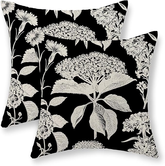 Black Pillow Covers 20x20 Inch Set of 2 Vintage Boho Floral Hydrangea Herbs Botanical Throw Pillows Outdoor Flower Decoration Pillowcase Linen Farmhouse Cushion Case Decorative for Couch Sofa