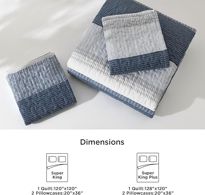 Litanika Oversized King Quilt Set Navy Blue, 128x120 Stripe Bedspread Coverlet 3 Pieces, Navy Blue Lightweight Quilted Bedding Set for All Season(Super King Plus-1 Quilt, 2 Pillowcases)