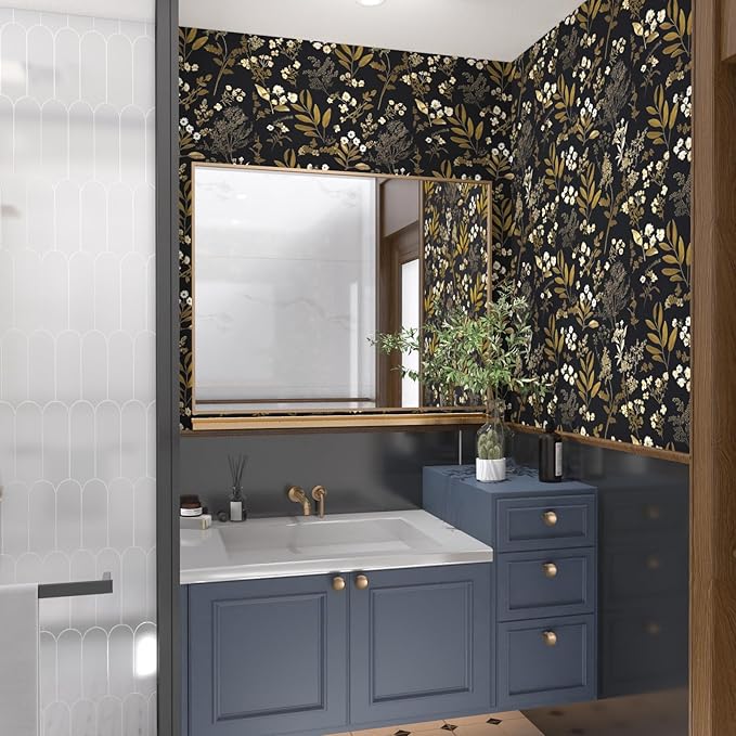 Black Gold Wallpaper Peel and Stick Dark Floral Wallpaper 17.5in x 118in Vintage Leaf Contact Paper Vinyl Waterproof Self Adhesive Boho Botanical Wall Paper for Bedroom Cabinet Décor