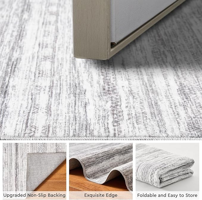 Small Area Rug-2x3 Entryway Rug Non Slip Washable Low Pile Indoor Door Mat Neutral Distressed Boho Moroccan Entrance Rugs Carpet for Bedroom Kitchen Powder Room Front Porch Bathroom, Grey