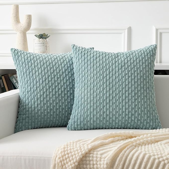Kevin Textile Throw Pillow Covers Soft Corduroy Decorative Set of 2 Boho Striped Pillow Covers Pillowcases Farmhouse Home Decor for Couch Bed Sofa Living Room 26x26 Inch Dusty Green