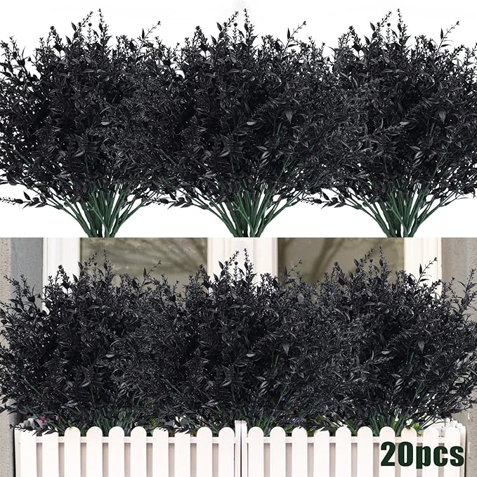 RECUTMS Black Decor 20 Bundles Artificial Flowers Fake Outdoor Plants Faux UV Resistant Lavender Flower Plastic Shrubs Indoor Outside Hanging Decorations (Black, 20 Bundles)