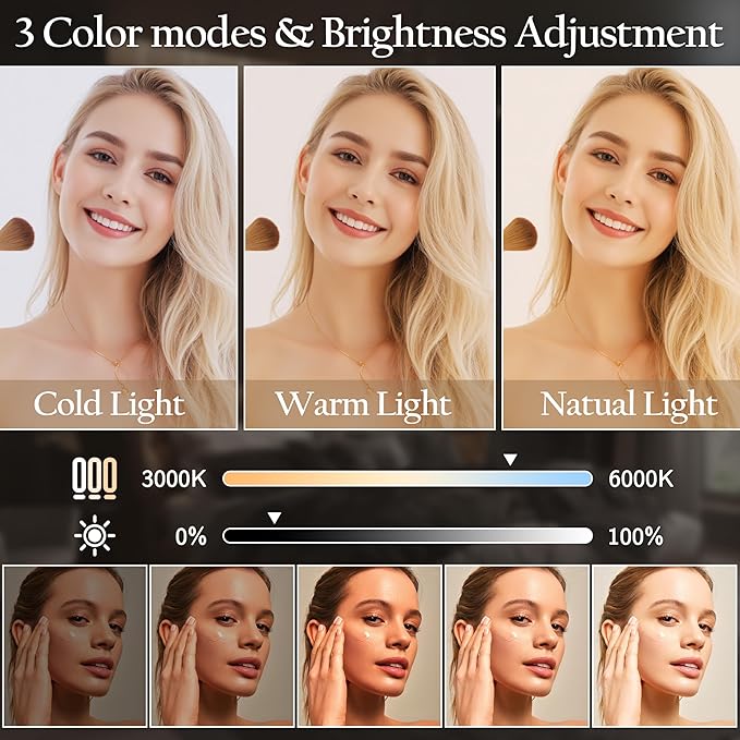 ROLOVE Vanity Mirror with Lights 15"x12", Lighted Makeup Mirror with 10X Magnification, 3 Color Lighting & Dimmable Brightness, Light Up Mirror for Desk, Bedroom, Bathroom