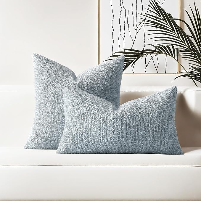 HAUSSY Set of 2 22x22 Decorative Throw Pillow Covers, Soft Cozy Textured Boucle Couch Cases, Home Decor for Couch Bed Living Room, Dusty Blue