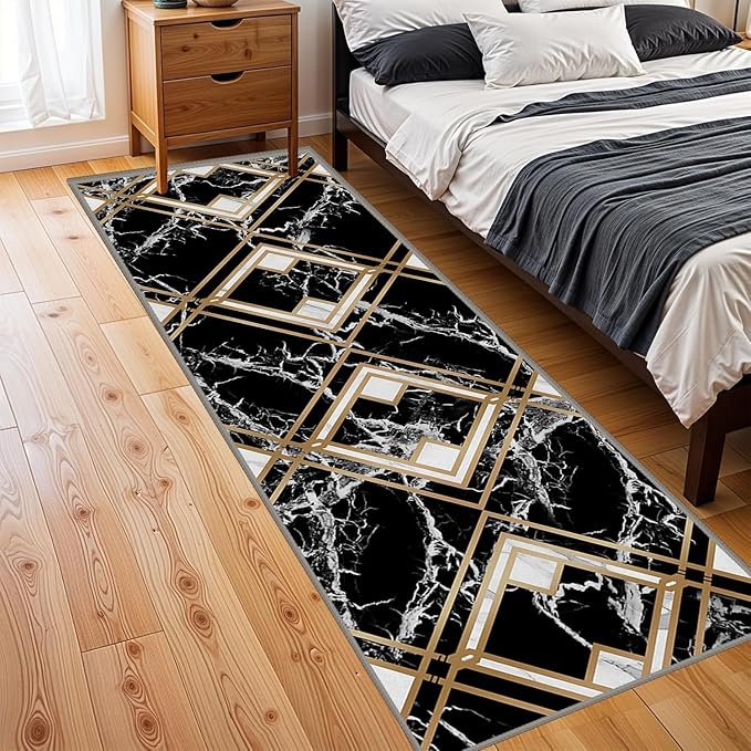 Diamond Geometric Print Area Rug for Bedroom, 2.6x7ft, Modern Black White Marble Home Decor Carpet, Durable Soft Cozy Non Slip Rug, Breathable Non Shedding Mats for Front Porch