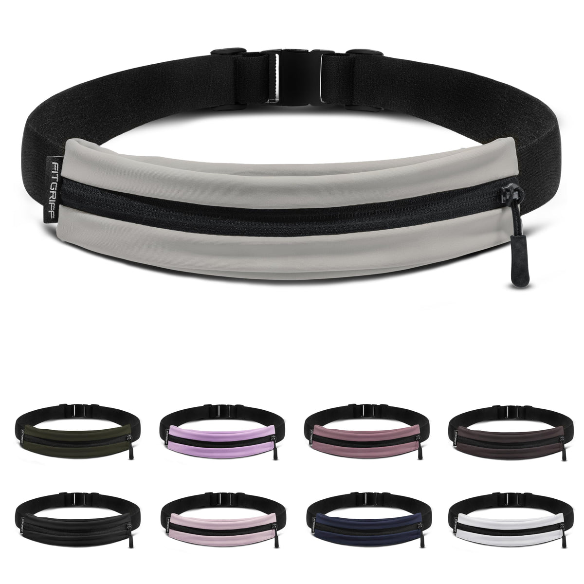 Fitgriff® Running Belt V2 for Men & Women - Slim Fanny Pack, Phone Holder for Jogging, (Fits All Cell Phones) - Money Belt, Runners Waist Pouch (Light Taupe, One Size (Waist 24.4 – 43.3 inches))