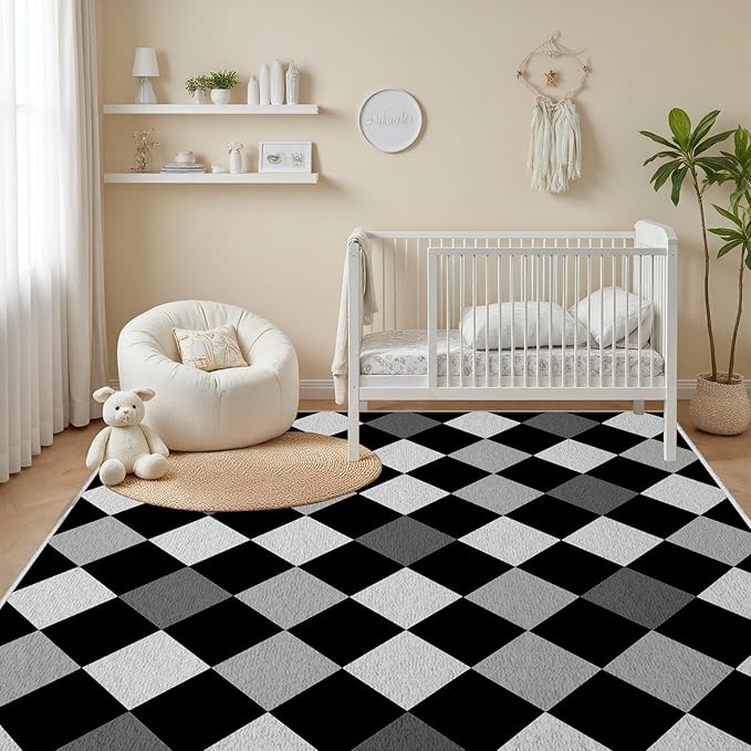 Black and White Rug 6x8, Rhombus Geometric Soft Ultra Soft Faux Wool Low Pile Rug, Indoor Floor Mats Carpet, Non-Slip Stain Resistant Washable Rugs, Modern Abstract Checkered Rugs for Living Room