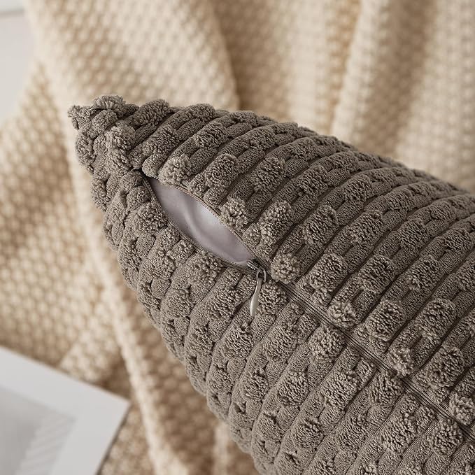 Kevin Textile Pack of 2 Corduroy Decorative Throw Pillow Covers 22x22 Inch Soft Boho Striped Pillow Covers Modern Farmhouse Home Decor for Spring Sofa Living Room Couch Bed Light Brown