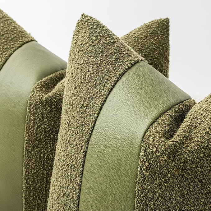 20"x20" Forest Green Boucle Throw Pillow Covers with Faux Leather Accents Set of 2 Fluffy Textured Decorative Pillow Cases for Couch Bed Boho Farmhouse Square Cushion Covers for Nordic Home
