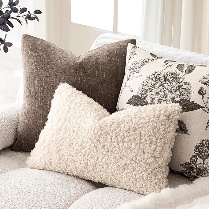 Foindtower Set of 2 Curly Teddy Wool Pillow Covers Decorative Boucle Textured Lumbar Throw Pillow Faux Fur Sherpa Pillowcases Sheepskin Fuzzy Cushion Case for Sofa Bedroom Car 12"x20" Cream Beige