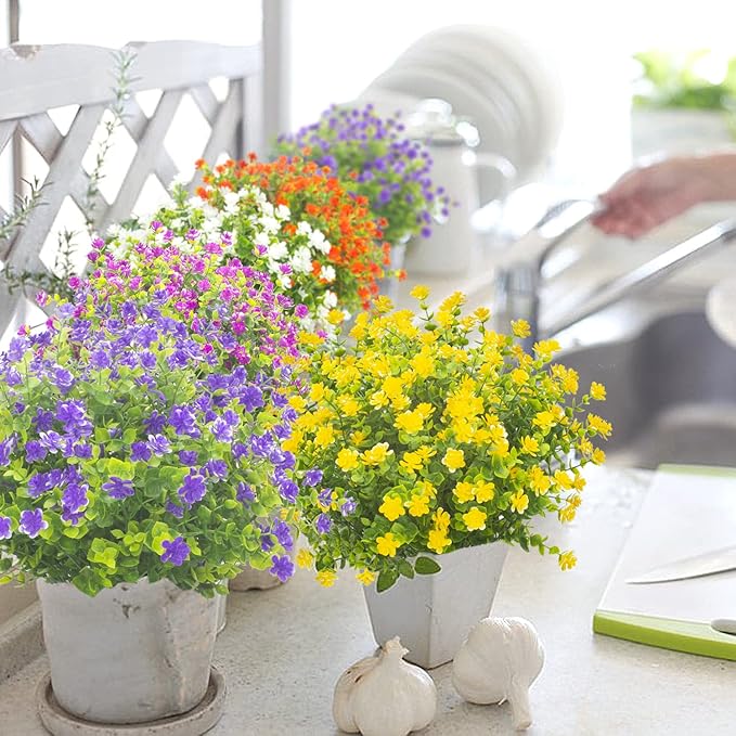 20 Bundles Outdoor Artificial Fake Flowers UV Resistant Boxwood Faux Plastic Plants for Hanging Garden Porch Window Box Outside Decoration(Mix)
