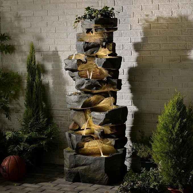 58" H Outdoor Water Fountain with 7 Tiers Large Cascading Realistic Rock Waterfall Fountains with LED Lights Outdoor Water Fountain for Garden Patio Backyard Porch Home Decor