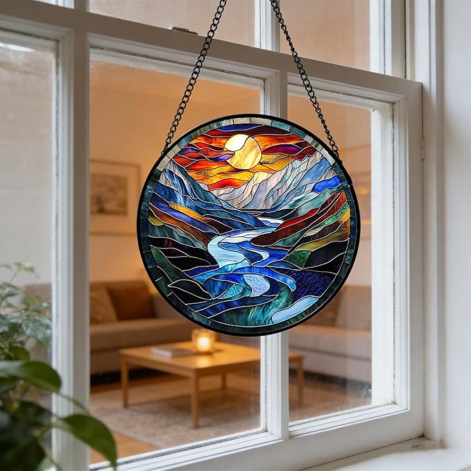 Stained Glass Window Hanging, Canyon Mountains Sunset View Sun Catcher for Window Home Decor Landscape Suncatcher Mother's Day Birthday Gifts for Women Men Mom and Nana 6.3 in