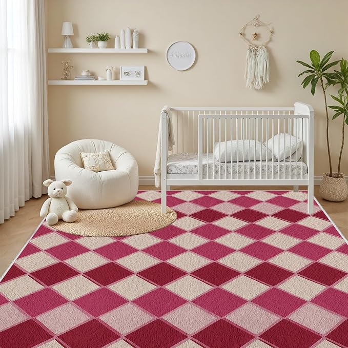 Plaid Rug, Soft Ultra Soft Faux Wool Rhombus Geometric Rugs, Indoor Floor Mats Carpet, Non Slip&Non-Shedding Low Pile Washable Rugs, Modern Red 7x10 Area Rug for Bedroom Home Decor