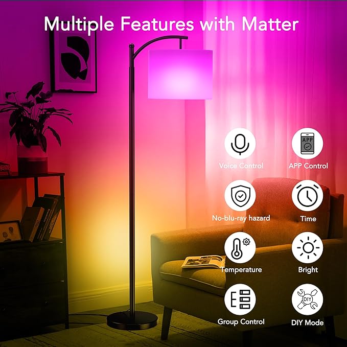 Floor Lamps with Matter Smart Light Bulb, RGB + Color Temperatures Bright Dimmable Smart Floor lamp, Living Room Standing Tall Industrial Floor Lamp (Beige Lampshade Included) -Black