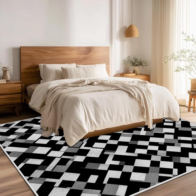 Black White and Grey Rug - Geometric Area Rug, Area Rugs 7x10, Modern Abstract Rugs, Irregular Block Splicing Carpet Washable Non Slip Home Decor Carpet for Living Room
