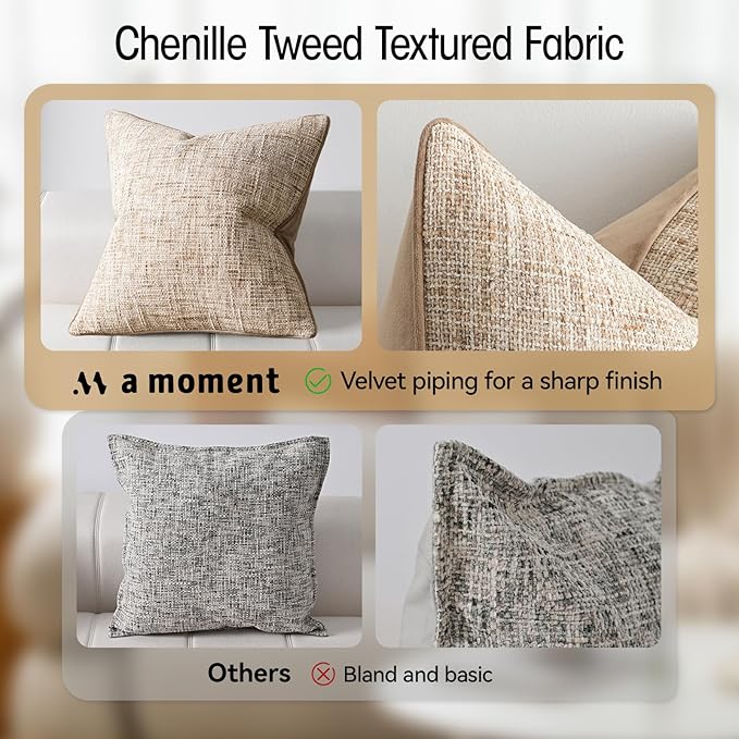 a moment Khaki Reversible Pillow Covers 2 Pack - Farmhouse Chenille Throw Pillows, Neutral Textured Decorative Throw Pillow Covers with Border for Couch Sofa Bed (18x18 Inch, No Insert)