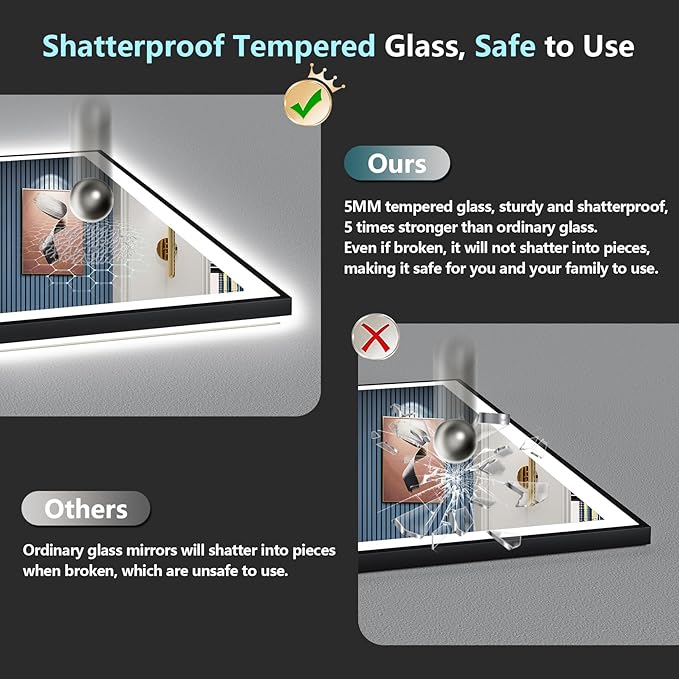 55x40 Black Framed LED Bathroom Mirror with Lights, Backlit and Front Lit, Anti-Fog Lighted Vanity Mirrors for Bathroom Wall, Dimmable, 3-Color Light, Memory, Shatter-Proof, HD Tempered Glass