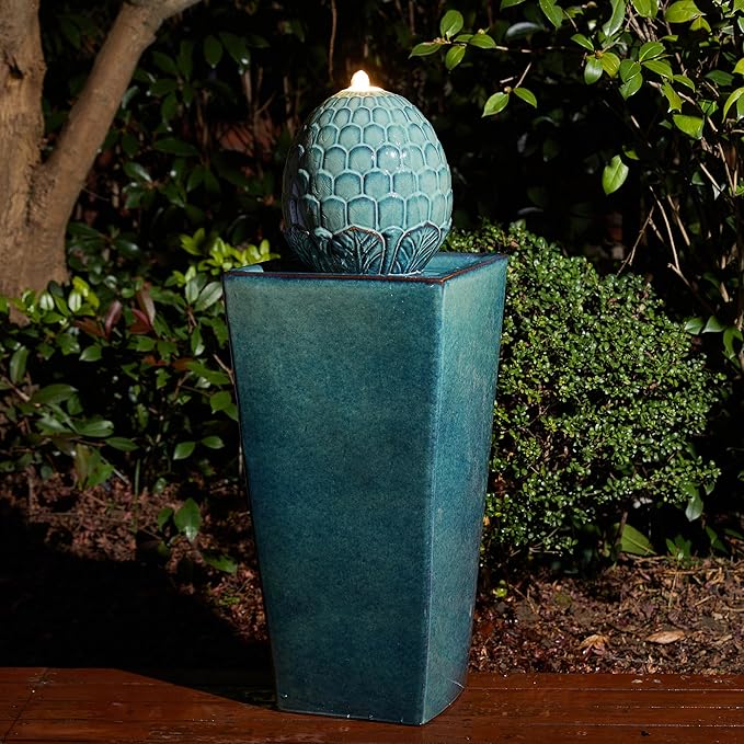 Glitzhome Ceramic Outdoor Water Fountain with LED Light, Oversized Artichoke Pedestal Water Fountains with Submersible Pump, Patio Fountain Waterfall for Garden Patio Deck Porch, Turquoise, 35.75" H