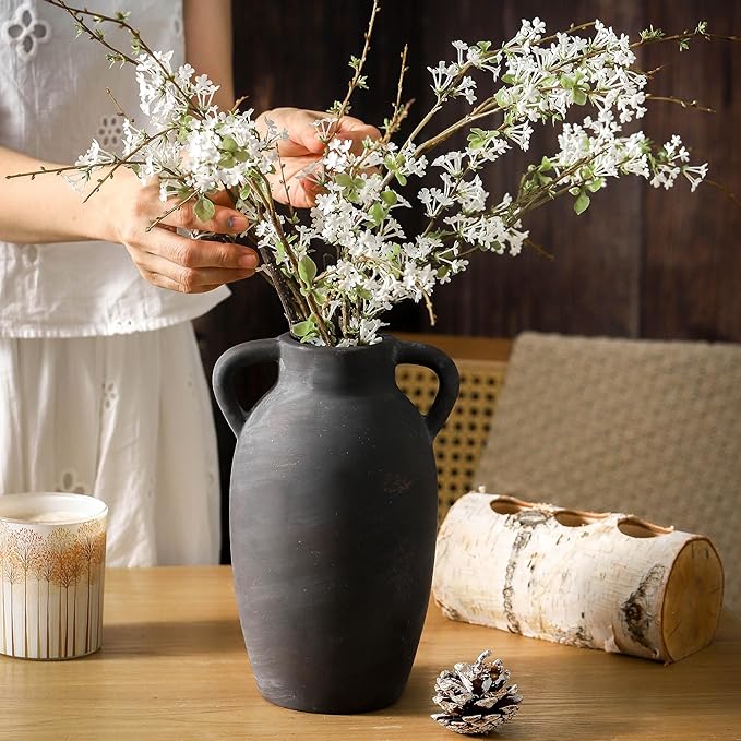 Terracotta Farmhouse Flower Vase, 9.6 Inch Ceramic Rustic Vase with 2 Handles, Decorative Vase Boho Decor for Home Decor, Table, Living Room, Shelf Decoration
