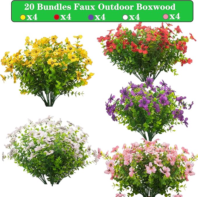 20 Bundles Artificial Flowers for Outdoors, UV Resistant Fake Plants Flowers Greenery Shrubs Plants for Decoration Outside Plants Hanging Planter Home Garden Decor