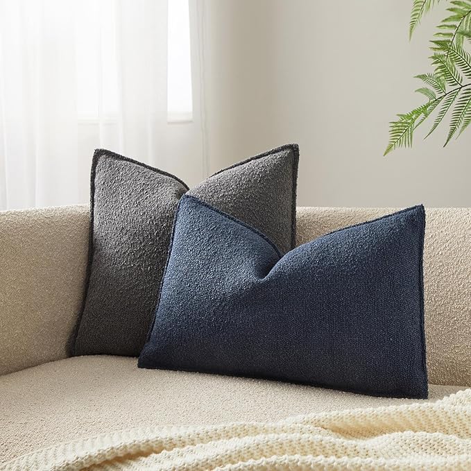 JUSPURBET 16x24 Pillow Covers Set of 2 Decorative Throw Pillow Covers Case for Couch Sofa Bed Soft Boucle Textured Lumbar Cushion Covers with Hidden Zipper for Home Decor Living Room,Navy Blue