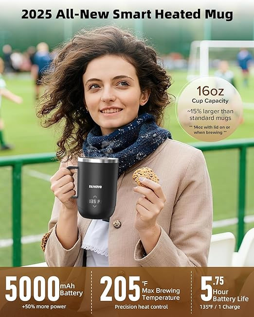 Nuwave Smart Heated Coffee Mug Rechargeable, 16oz Self Heating Temperature Control Mug with LED Display, Custom Brew Modes, Double-Wall Vacuum Insulation, 5-Hour Battery Life, Auto Shut-Off