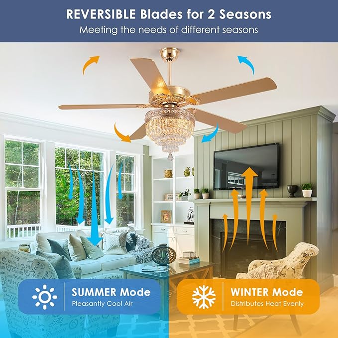 Asyko Crystal Ceiling Fan Fandelier with Lights - 62" Modern Outdoor Fans with Remote Control，Noiseless DC Motor, Retro/Farmhouse Lighting, Dining Room,Living Room (Gold