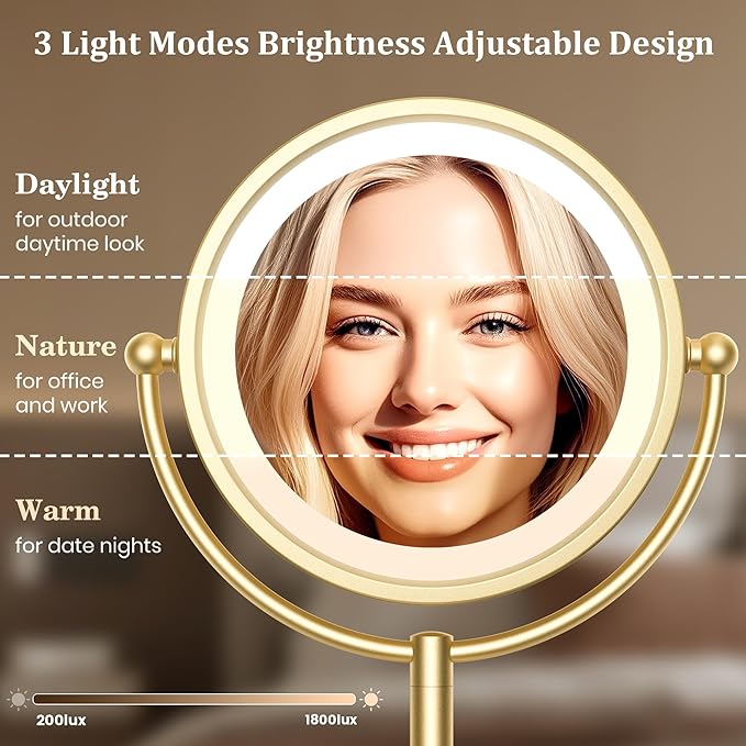 VESAUR 8.5'' Large Gold Lighted Makeup Mirror, 1X/10X Clear Seamless Magnifying Mirror, Bright Vanity Mirror with 3 Colors Dimmable Lights, Two-Sided 360°Rotation Stable Base, Luxury Nickel, Gift Box