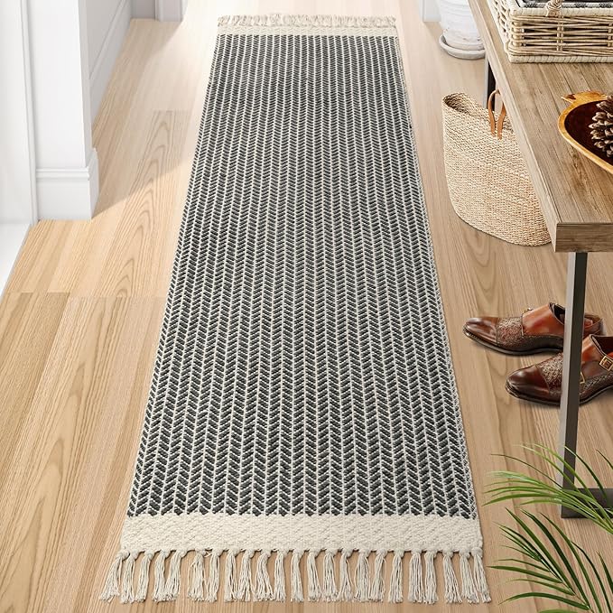 Lahome Boho Hallway Runner Rug, 2x7 Kitchen Runners Rug Washable Bath Rugs for Bathroom Woven Cotton with Tassels, Farmhouse Carpet Non Shedding Grey Rugs for Bedroom Laundry
