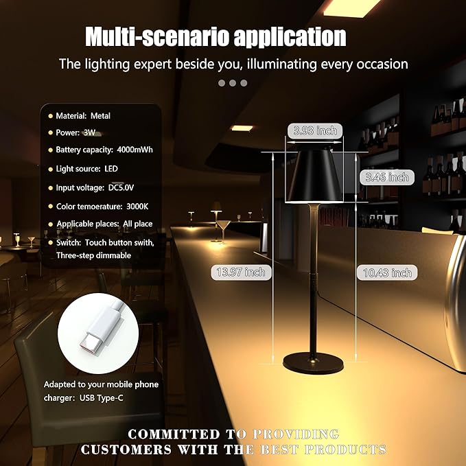 Modern LED Cordless Table Lamp, 4000mAh Rechargeable Battery, 3 Level Brightness Night Light, Metal Shell, Minimalist Design, for Couples Dinner/Coffee Table/Restaurant/Bedroom, Black