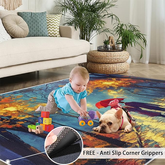 London Streets Washable Rugs 5x7 Rug for Living Room, Rainy Night Oil Painting 5x7 Rug Autumn Landscape Low-Pile Carpet for Bedroom Dining Non Slip Mat with Rubber Back