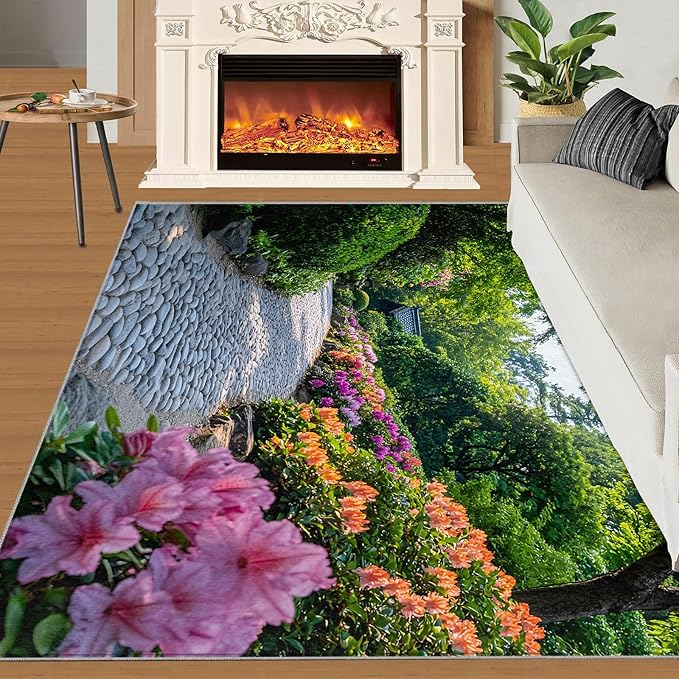 Japanese Gardens Washable Area Rugs 5x6 Non-Slip Garden Art Living Room Rug Eastern Aesthetics Soft for Carpet Low Pile Indoor Door Mat & Room Decor