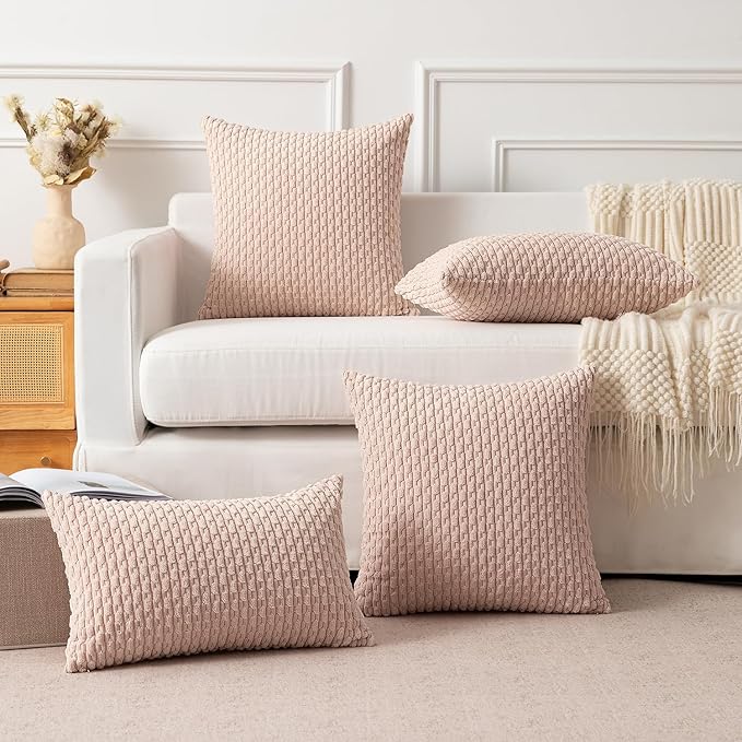 Kevin Textile Valentines Day Corduroy Decorative Throw Pillow Covers 20x20 Inch Pack of 2 Soft Boho Striped Pillow Covers Modern Home Decor Gifts for Spring Sofa Living Room Couch Bed Light Pink