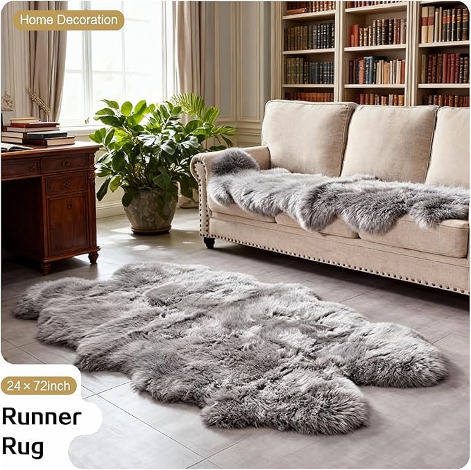Grey Faux Fur Sheepskin Area Rug for Living Room Bedroom, 2 x 6 Feet Ultra Soft Shaggy Fuzzy Furry Carpet Chair Throw Runner Rugs for Kids, Girls, Nursery Room Decor Dorms