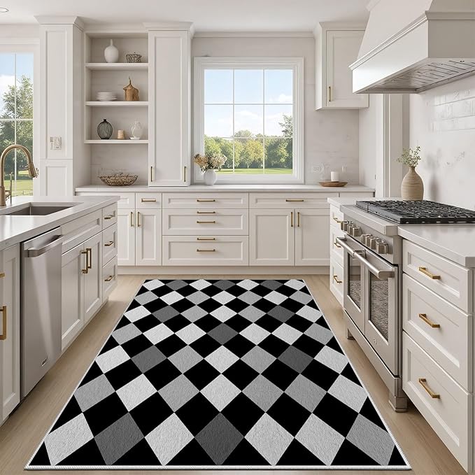 Black and White Rug 8x10, Rhombus Geometric Soft Ultra Soft Faux Wool Low Pile Rug, Indoor Floor Mats Carpet, Non-Slip Stain Resistant Washable Rugs, Modern Abstract Checkered Rugs for Living Room