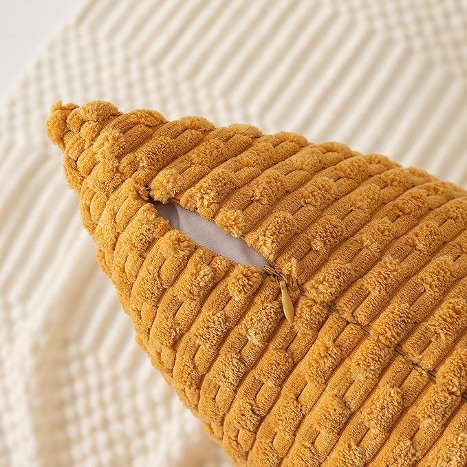 Kevin Textile Throw Pillow Covers Soft Corduroy Decorative Set of 2 Boho Striped Pillow Covers Pillowcases Farmhouse Home Decor for Couch Bed Sofa Living Room 16x16 Inch Golden Yellow