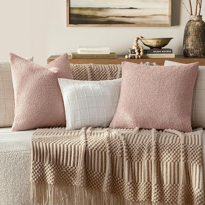 Foindtower Decorative Textured Boucle Throw Pillow Covers Accent Solid Pillow Cases Neutral Soft Cozy Couch Cushion Case for Chair Sofa Bedroom Living Room Home Decor 20x20 Inch,1PC,Light Pink