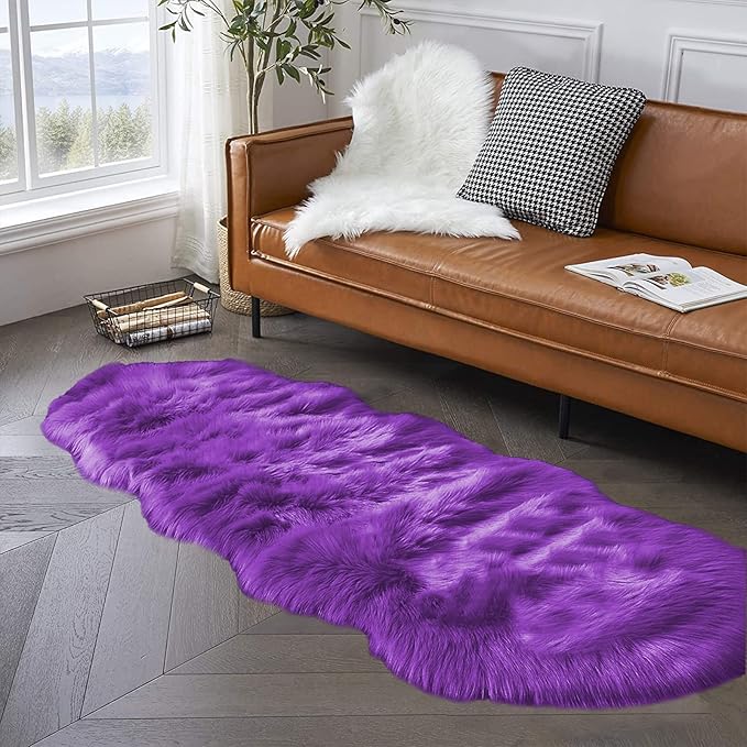 Latepis Runner 2x6 Purple Sheepskin Throw Rugs Washable Faux Fur Rug Shag Fluffy Carpet for Living Room Playroom Sofa Bedside Rugs Room Decor Sheepskin